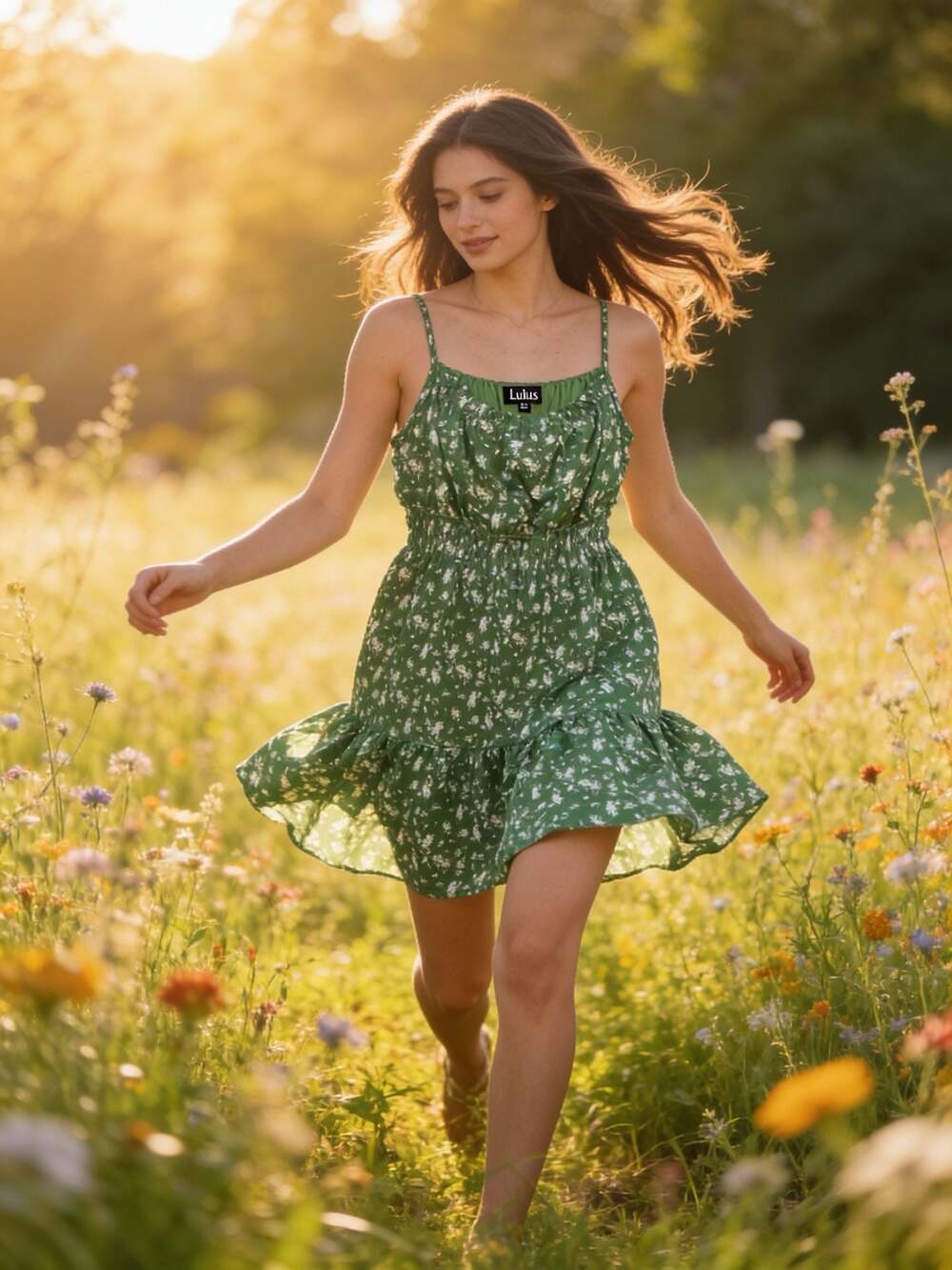 Lulus Tender Thoughts Green Floral Ruffled Tiered Mini Dress Large